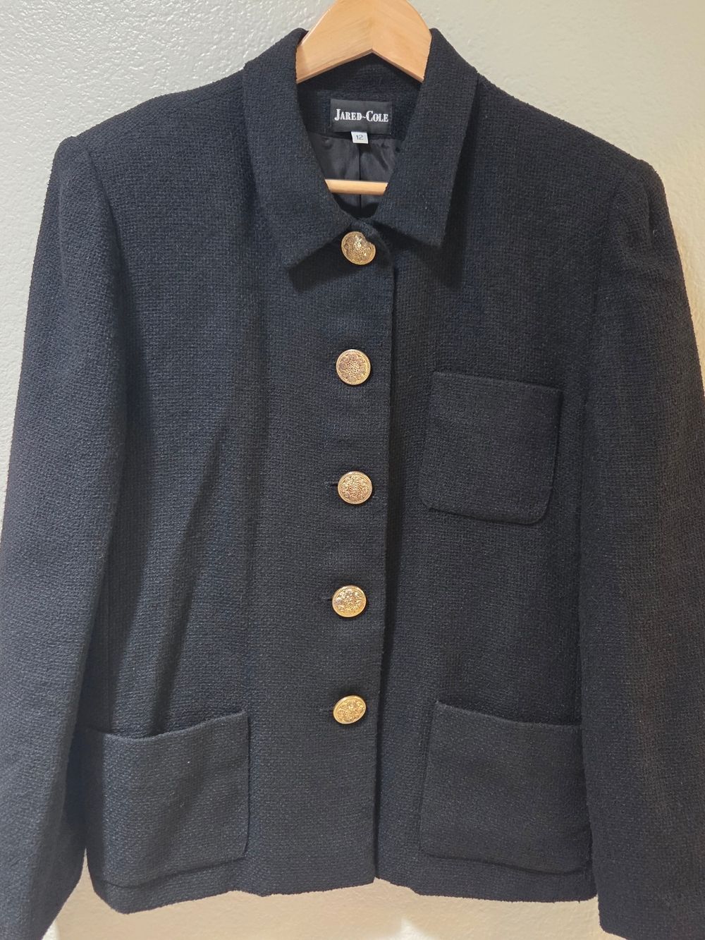 Vintage 80s/90s Jared-Cole Black Textured Jacket Gold Buttons Size 12